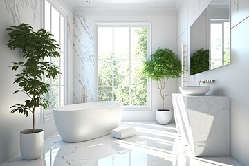 Fototapeta na wymiar elegant white modern bathroom interior on sunny day