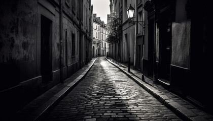 Medieval arches line empty cobblestone street at dusk generated by AI