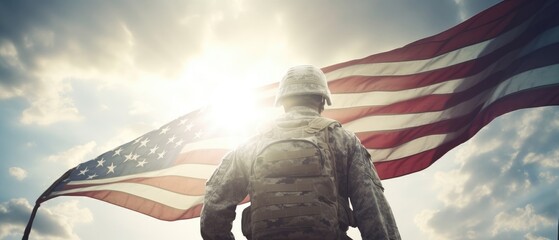 An American soldier with an American flag looks into the distance in clear weather, on Memorial Day or July 4, Memorial Day. generative ai
