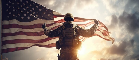 An American soldier with an American flag looks into the distance in clear weather, on Memorial Day or July 4, Memorial Day. generative ai