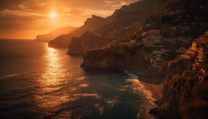 Fototapeta na wymiar Majestic sunset over tranquil waters and cliffs generated by AI