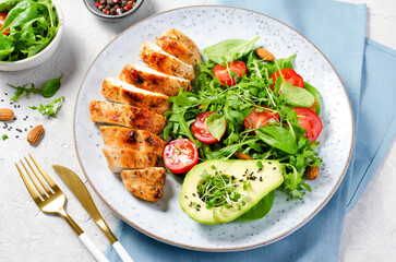 Grilled Chicken Fillet with Fresh Salad, Cherry Tomatoes and Avocado, Healthy food, Keto, Paleo Diet Menu