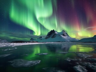 Fototapeta na wymiar green aurora borealis, morthern lights over ice and snow landscape, generative ai
