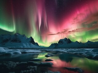 Obraz na płótnie Canvas pink and green aurora borealis, morthern lights over ice and snow landscape, generative ai