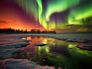 pink and green aurora borealis, morthern lights over ice and snow landscape, generative ai