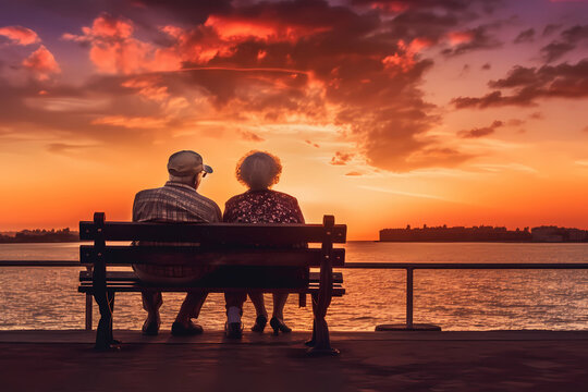 Old Man and Old Woman sitting together on a bench still in love after so many years, watching the Sunset  (Generative AI)