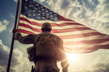 An American soldier with an American flag looks into the distance in clear weather, on Memorial Day or July 4, Memorial Day. generative ai