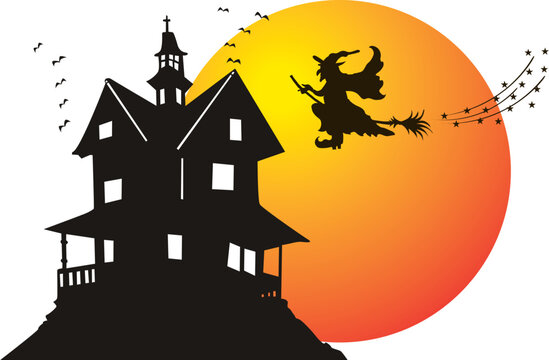 Vector. Halloween theme with dark house full moon and witch.