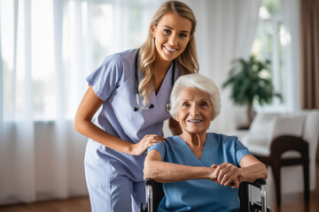 Fototapeta premium Young nurse assisting a senior in a nursing home. Elderly patient care concept. Generative AI