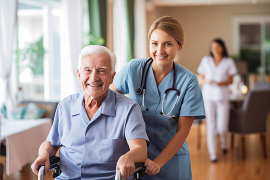 Young nurse assisting a male senior in a nursing home. Elderly patient care concept. Generative AI