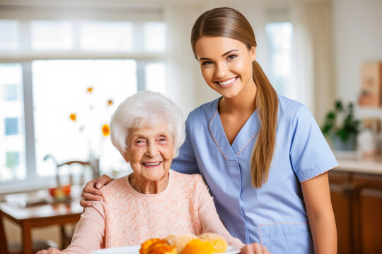 Young nurse assisting a senior in a nursing home. Elderly patient care concept. Generative AI