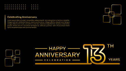 13th year anniversary template design with gold color, vector template illustration