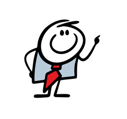 Obraz premium Funny businessman in office suit pointing up with finger. Vector illustration of stickman showing the way.