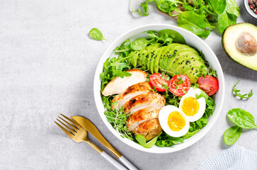 Grilled Chicken Fillet with Fresh Salad, Cherry Tomatoes, Boiled Egg and Avocado, Budha Bowl, Keto Paleo Diet Menu