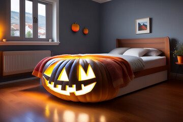 A children's bed in the shape of a halloween pumpkin. Generative AI.