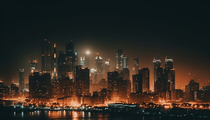 Obraz premium Glowing city skyline reflects on waterfront at dusk generated by AI