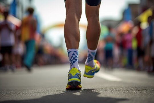 Rear close up view of marathon runner legs. Generative AI