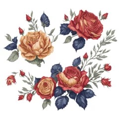 Deurstickers Set of Red and Gold Rose Flower Arrangement Watercolor Illustration © ArtAmr