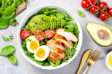 Grilled Chicken Fillet with Fresh Salad, Cherry Tomatoes, Boiled Egg and Avocado, Budha Bowl, Keto Paleo Diet Menu