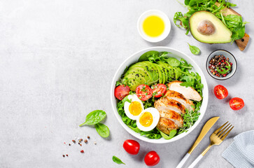 Grilled Chicken Fillet with Fresh Salad, Cherry Tomatoes, Boiled Egg and Avocado, Budha Bowl, Keto Paleo Diet Menu