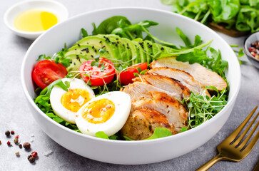 Grilled Chicken Fillet with Fresh Salad, Cherry Tomatoes, Boiled Egg and Avocado, Budha Bowl, Keto Paleo Diet Menu