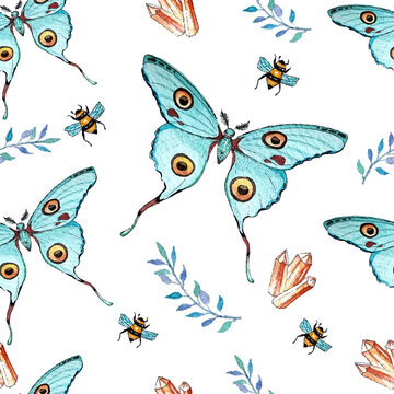 Watercolor blue butterfly. Vector seamless texture with artistic illustration with krystall and butterfly. Textile seamless