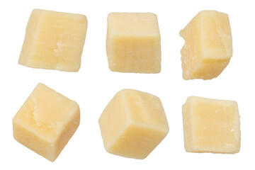 Pieces of hard parmesan cheese isolated on white background. Pieces of square-shaped parmesan on a...