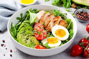 Grilled Chicken Fillet with Fresh Salad, Cherry Tomatoes, Boiled Egg and Avocado, Budha Bowl, Keto...