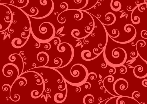 Red ornate floral elements on a dark red background.