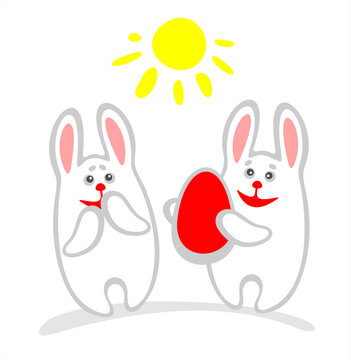 Two cheerful  rabbits and easter egg on a white background.