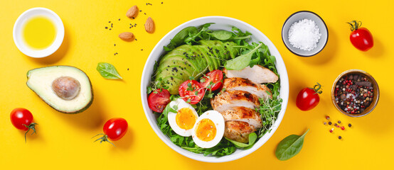 Grilled Chicken Fillet with Fresh Salad, Cherry Tomatoes, Boiled Egg and Avocado, Budha Bowl, Keto Paleo Diet Menu