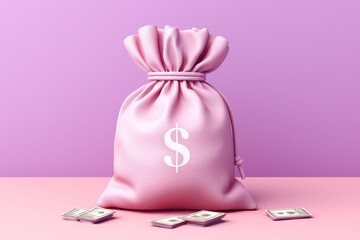 Money bag with dollar sign on it. Pink background. Generative AI