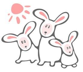 Obraz premium Three white rabbits and sun isolated on a white background.