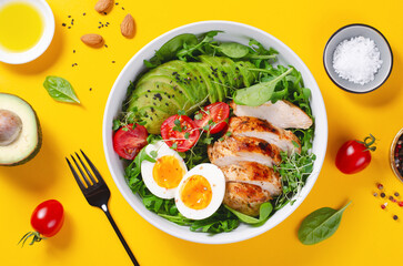 Grilled Chicken Fillet with Fresh Salad, Cherry Tomatoes, Boiled Egg and Avocado, Budha Bowl, Keto Paleo Diet Menu
