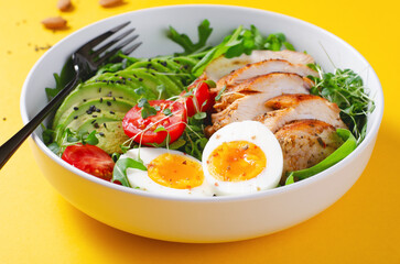 Grilled Chicken Fillet with Fresh Salad, Cherry Tomatoes, Boiled Egg and Avocado, Budha Bowl, Keto Paleo Diet Menu