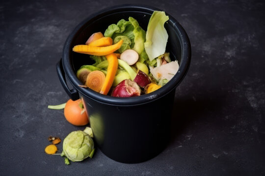 Uneaten unused spoiled vegetables thrown in the trash container. Food loss and food waste. Reducing wasted food, composting, rotten veggies in a trash. AI