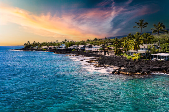 Whispy Sunset: Aerial Glimpse of Maui Coastal Homes in Hawaii