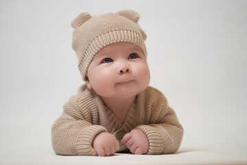 an infant lying on his belly in a beige knitted garment