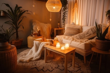 Warm room interior in boho style. Neutral boho decor in light living room, wicker lamps,soft furniture, green plants and candles. AI