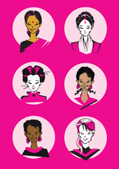 different ethnic portraits / faces of women - cartoons style