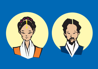 portraits / faces of woman and man - cartoons style