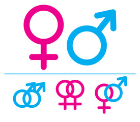 Male and  female symbols. Vector illustrations. Combinations.