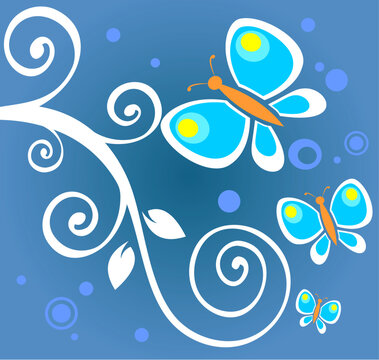 Ornate white curls and butterflies on a blue background.