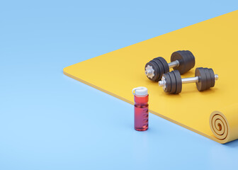 Fitness 3d render illustration - simple dumbbell, realistic water red bottle on yellow yoga mat