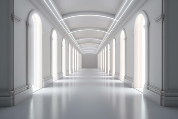 Illuminated corridor interior design. Empty Room Interior Background, creative ai