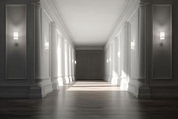 Fototapeta premium Illuminated corridor interior design. Empty Room Interior Background, creative ai
