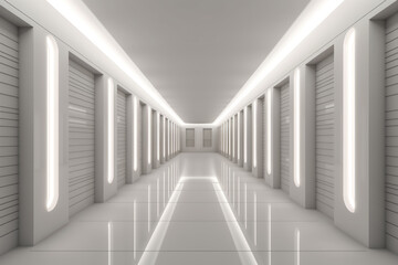 Obraz premium Illuminated corridor interior design. Empty Room Interior Background, creative ai