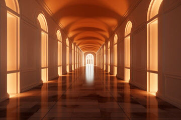 Obraz premium Illuminated corridor interior design. Empty Room Interior Background, creative ai