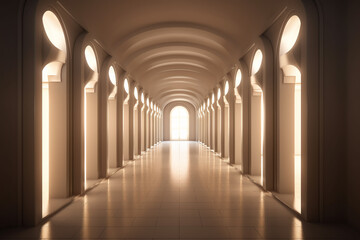 Fototapeta premium Illuminated corridor interior design. Empty Room Interior Background, creative ai