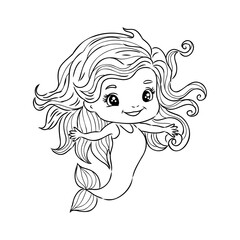 Little mermaid princess Vector outline for coloring book